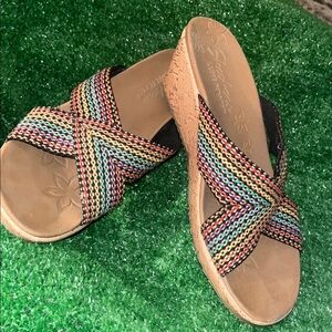 SKECHERS Cork Wedge Slide Sandal Multi Color Woven Beverlee Boho Beach Vacation